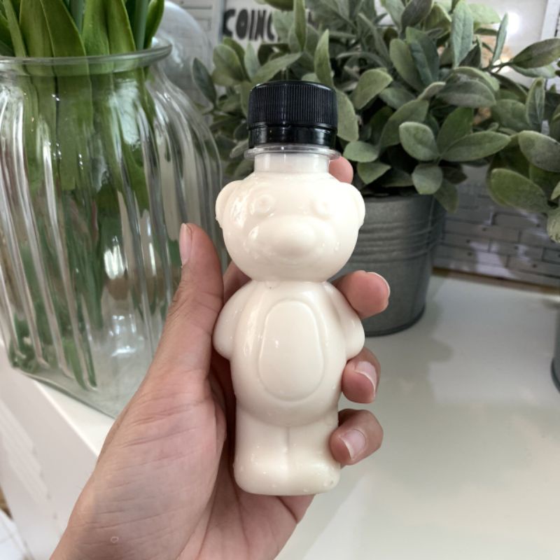 ขวดพลาสติก ขนาด 100 ml ทรงหมี ( 50 ใบ / 150 ใบ + พร้อมฝา เลือกสีฝาได้ ) ขวด บรรจุเครื่องดื่ม พลาสติกใส PET