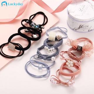 YEEZII Kids Pearl Hair Rope Set Flower Knot Pink Elastic Hair Band Girls Fashion Women Hair Accessories