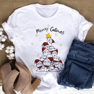 Short Sleeve T-Shirt Round Neck Merry Christmas Print White Fashion For Women.