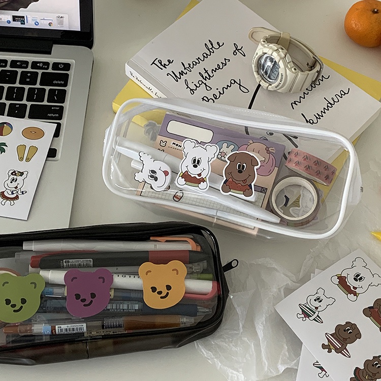 Letit กระเป๋าดินสอ PVC ใส น่ารัก สีดํา และสีขาว มีซิป สําหรับนักเรียน ใส่เครื่องสําอาง