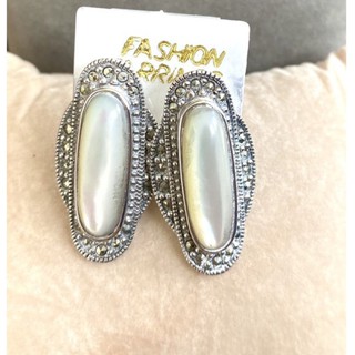 ต่างหูเงินแท้925 ตัวเรือนเงินแท้ประดับมาร์คาไซท์&amp;มุก(Marcasite Earring)