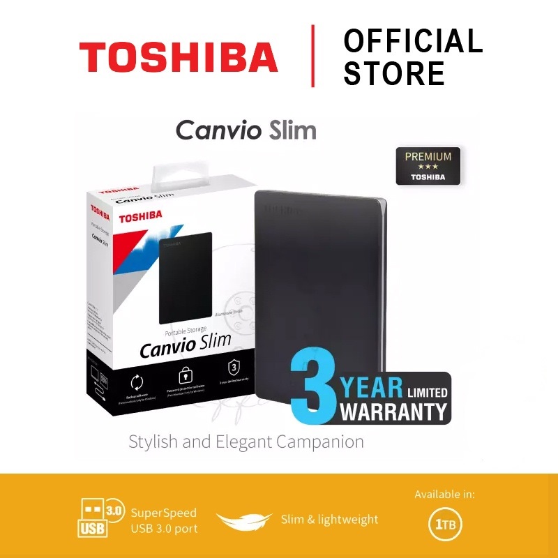 Toshiba External (1TB) USB 3.2 รุ่น (Canvio Slim) สีBlack ฮาร์ดดิสพกพา External Harddisk Harddrive