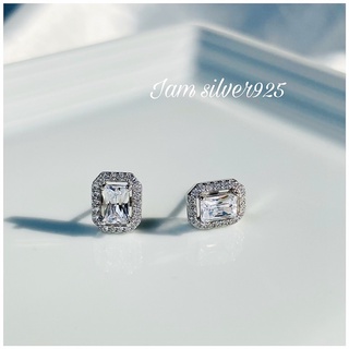 iam silver925ต่างหูเรือนเงินแท้ชุบทองคำขาว/สี่เหลี่ยมล้อมเพชรฝังเพชรcz/Cubic Zirconia