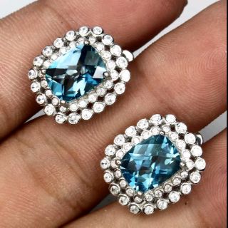 ต่างหูเงินแท้925 ลอนดอนบลูโทปาสแท้ (Natural Top London Blue Topaz Earrings)