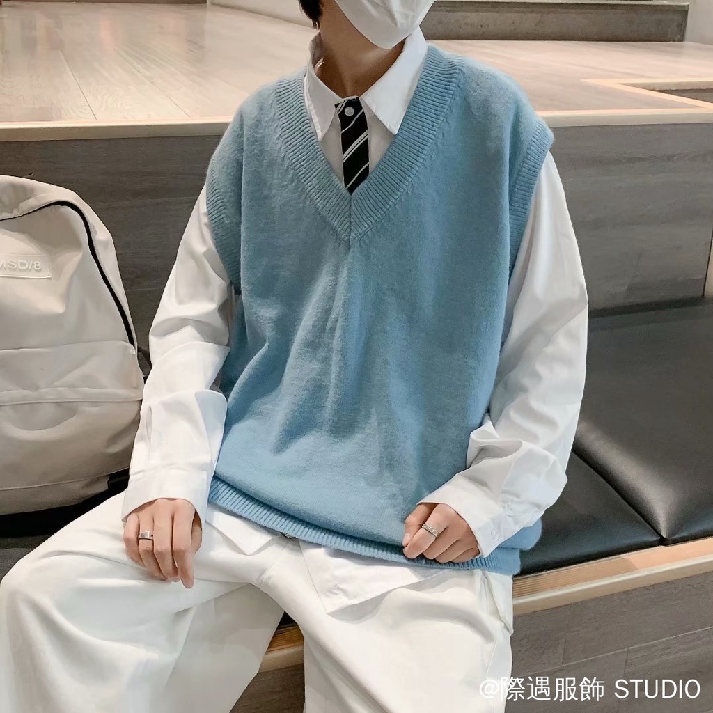 เสื้อกันหนาวเสื้อกั๊ก 3 สีตัวเลือก V คอถักเสื้อกั๊กสีฟ้าเสื้อกั๊กเสื้อกันหนาวเกาหลีหลวม All-Match เสื้อกันหนาวสีทึบ Pre