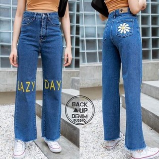 ✨พร้อมส่ง✨แบรนด์ BackUpDenim#BU5540 การเกงยีนส์ทรงกระบอกปักดอกเดซี่+สกีนตรงเข่า