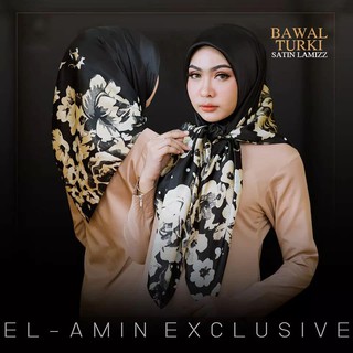 ผ้าคลุม Bawal Turki Satin Lamizz ผ้าคลุมสามเหลี่ยม เนื้อซาติน โทนดำทองลายดอก floral