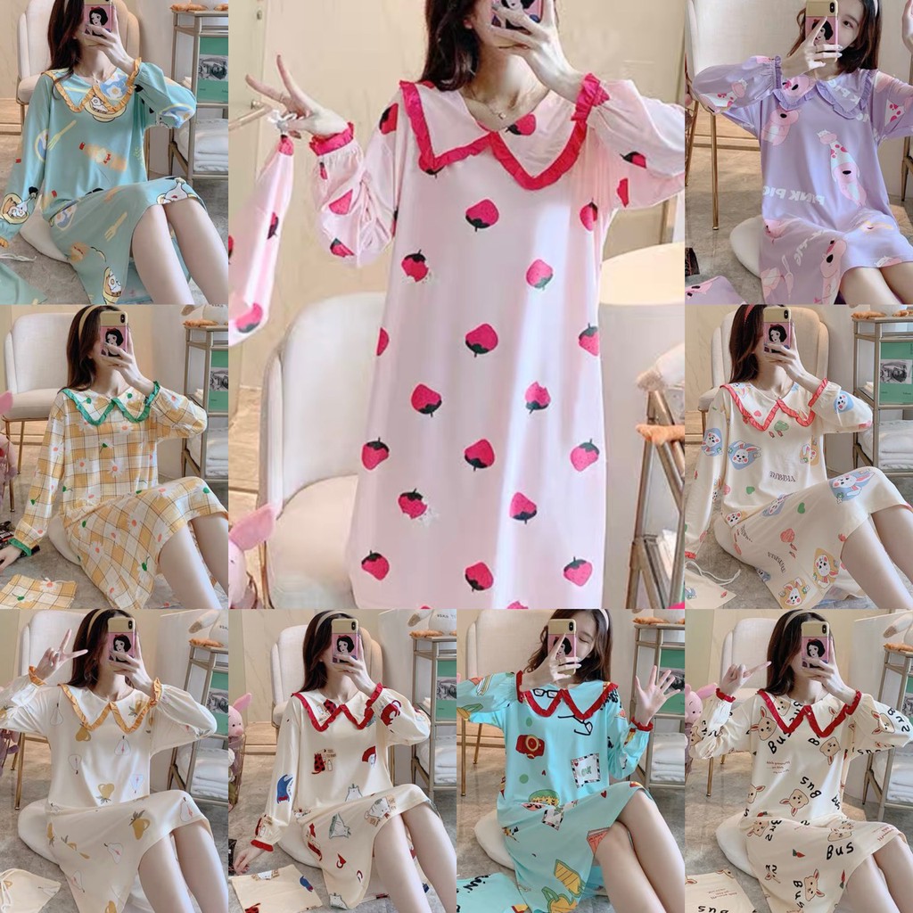 พร้อมส่ง ชุดนอนกระโปรงเเขนยาว พิมลาย พร้อมมีผ้าถุงให้ มีไซส์M-XXL กดสั่งเลยค่ะ-198