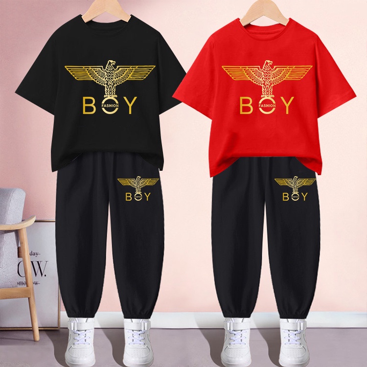 H218+K218B ชุดเซ็ทเด็กเสื้อยืด+กางเกงขายาว ผ้านุ่นใสสบาย.กางเกงเอวยางยืดได้มีกระเป๋า ได้ทั้งเด็กชายแ