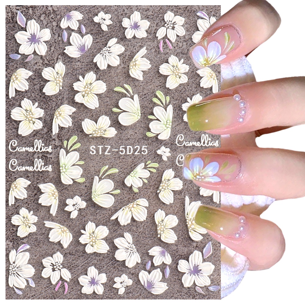 HAMA Nail 5D Tulip อะคริลิคเล็บออกแบบนูนดอกไม้ Camellia ฤดูใบไม้ผลิเล็บสติกเกอร์งานแต่งงานภาษาฝรั่งเศสคําตกแต่งอุปกรณ์เสริม