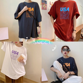 Sweet เสื้อยืดเกาหลี USA งานสกีนเริ่ด ผ้าคอนตอน เสื้อยืด โอเวอร์ไซส์ งานดีผ้าไม่บาง ใส่สบาย A015