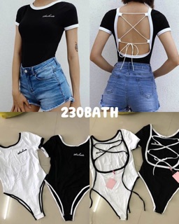ชุดจั๊มสูทแขนสั้นกุ๊นขอบทูโทน แต่งเชือกไขว้ด้านหลัง เสื้อปักลายSuchcuteที่อก เนื้อผ้ายืดหนาอย่างดี เป้ากางเกงมีกระดุม