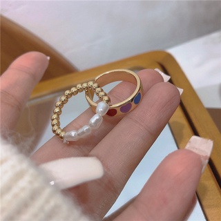 Metal cold wind geometric pearl love ring two-piece temperament personality index finger ring Korean version of the ring