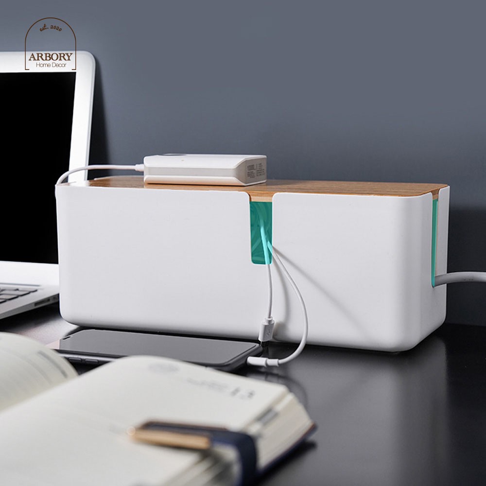 กล่องเก็บสายไฟ ใช้จัดระเบียบปลั๊กไฟ พร้อมฝาไม้ปิด สีเรียบ มินิมอล มีช่องให้ร้อยสายไฟหรือสายชาร์จเข้าออก - รูปที่ 5
