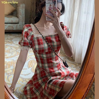 🌰การจัดส่งที่รวดเร็ว🌰Retro Plaid Red Dress Women s New Square Neck Puff Sleeve French Short Skirt