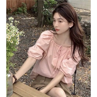🌿SHOP MKLเสื้อเชิ้ตคอกลม แขนตุ๊กตา  แต่งกระดุม ทรงหลวมใส่สบาย#8102