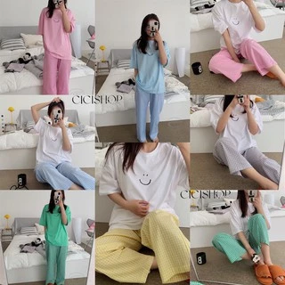 Cicishop SALE(C2096)ชุดเช็ตเสื้อยืด+กางเกงขายาวลายสก๊อต ใส่เล่นใส่นอนก็ได้ ผ้าใส่สบาย
