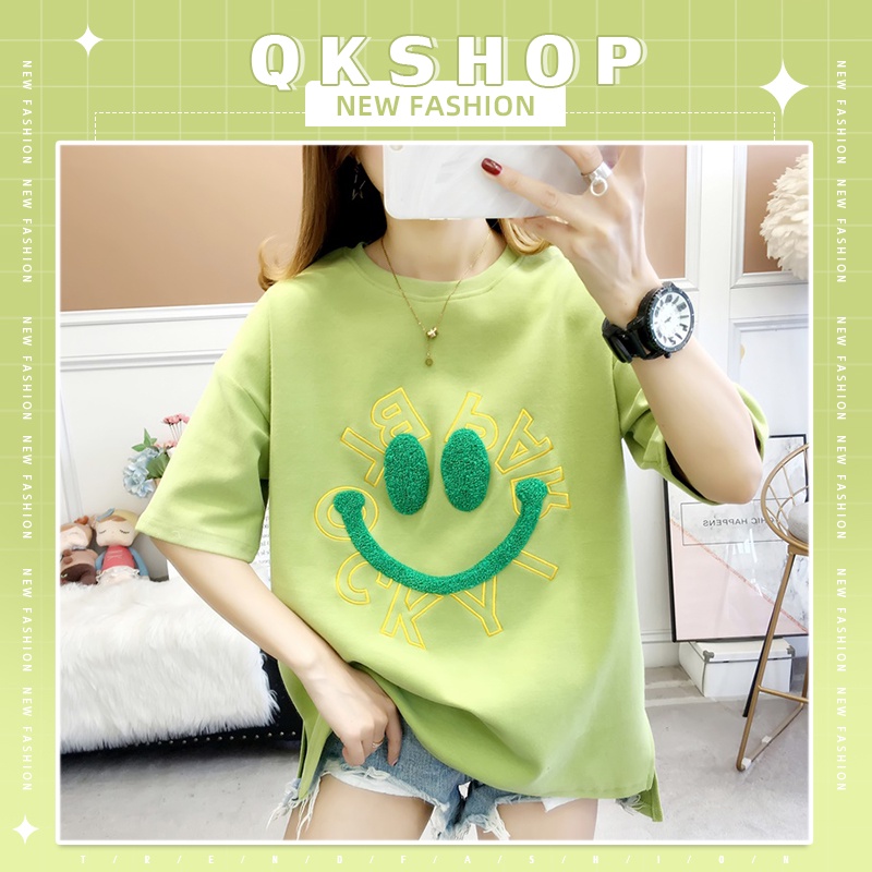 QKshop เสื้อแฟชั่นแขนสั้นคุณผู้หญิง สกรีน รูปยิ้ม เรียบๆดูดีมีสเนาห์ เหมาะกับทุกโอกาส