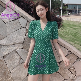 Angelcity※angelcity※ ชุดเดรสคอวี แขนสั้น พิมพ์ลายดอกไม้ สีเขียว แฟชั่นสําหรับผู้หญิง
