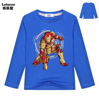 เสื้อยืดลําลองสําหรับเด็กผู้ชายผ้าฝ้ายแขนยาวลาย Iron Man