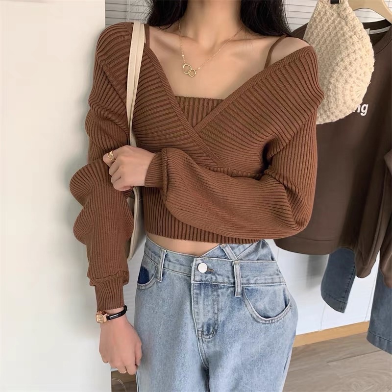 ส่งทันที Cici(NO. 868-1)เสื้อไหมพรมแขนยาว สายเดี่ยวด้านในเบาๆ เย็บติดกัน - รูปที่ 5