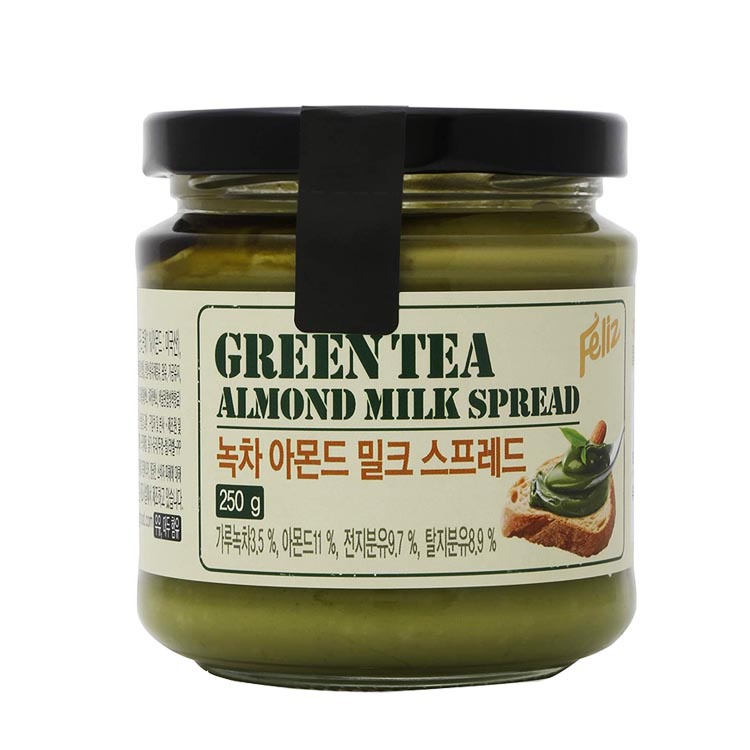 แยมชาเขียวผสมอัลมอนด์ ชื่อดังจากเกาหลี เฟริซ  Feliz Green Tea Almond Milk Spread 250g.