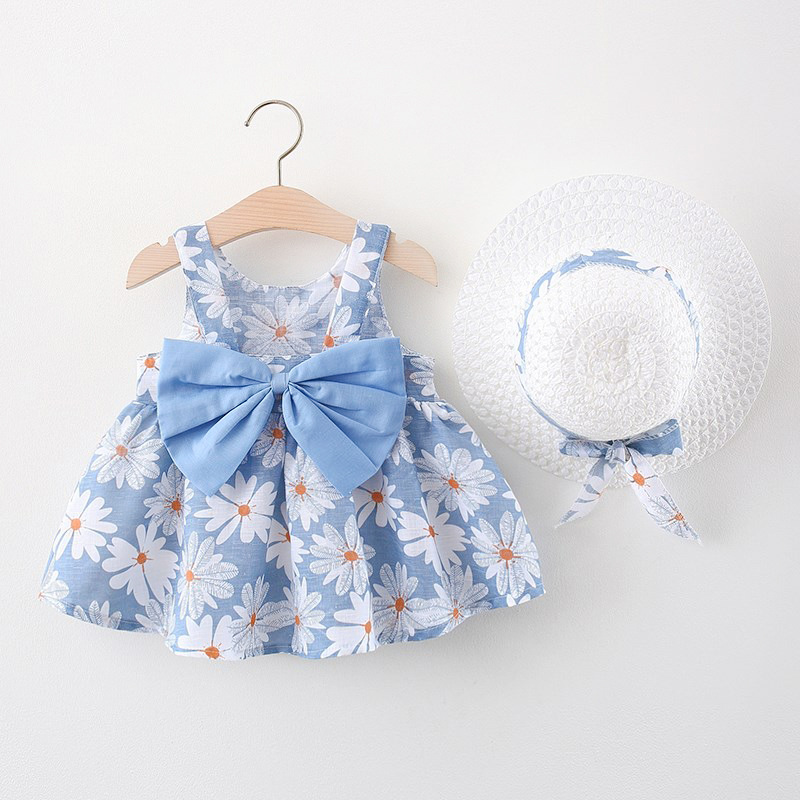 FiFi Baby 2 ชิ้น ชุดกระโปรงเด็ก+หมวก ชุดเด็กผู้หญิงโบว์ ลายดอกเดซี่ ผ้าสีสดใส คิ้วๆ 2สี ไซส์(5เดือน－4 ขวบ)