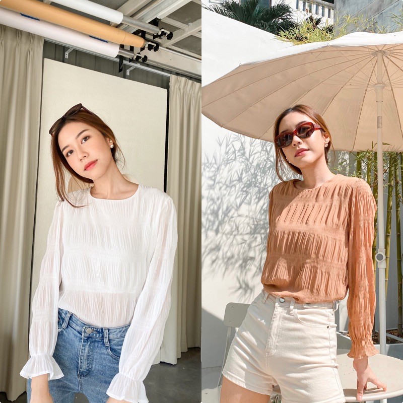 Yuyee Top เสื้อชีฟองย่น น้ำตาล,ขาว
