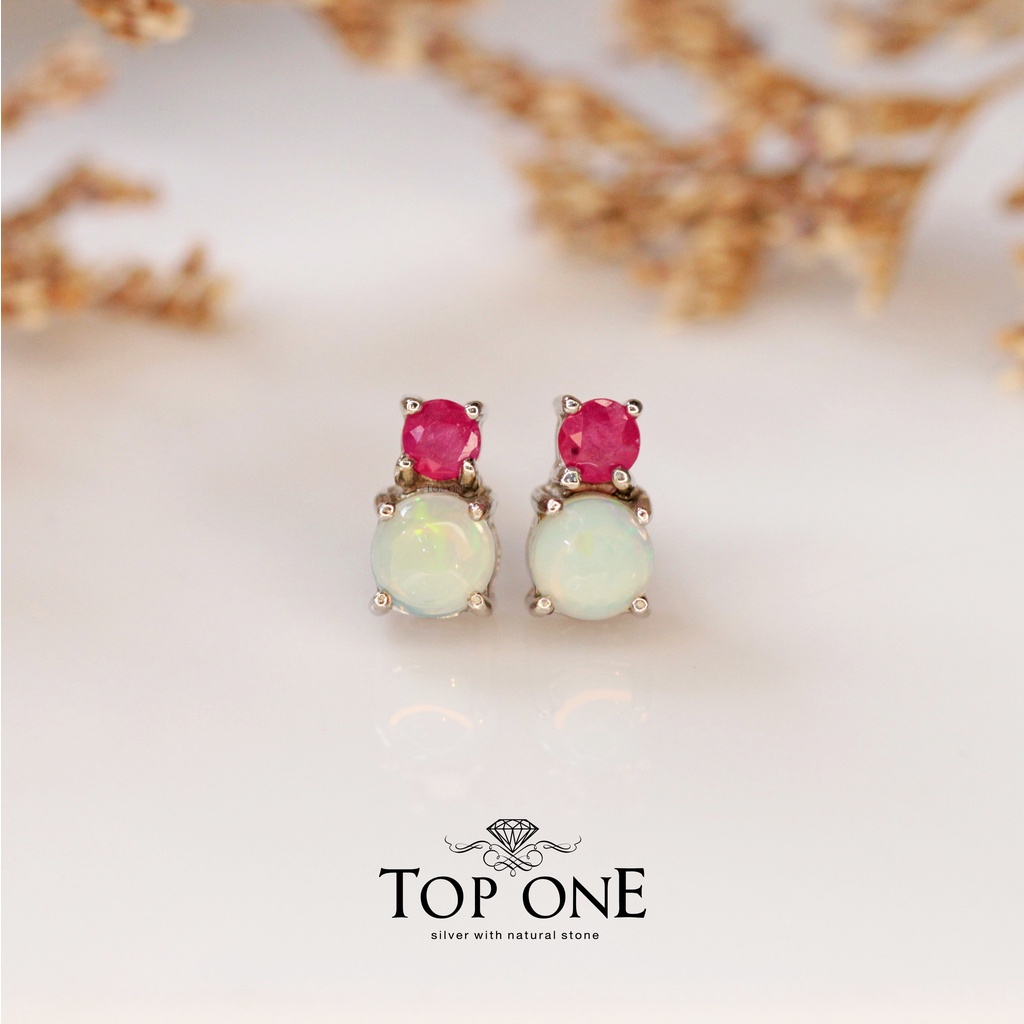 Top1Jewelry ต่างหูเงินแท้ พลอย Opal, Ruby แท้