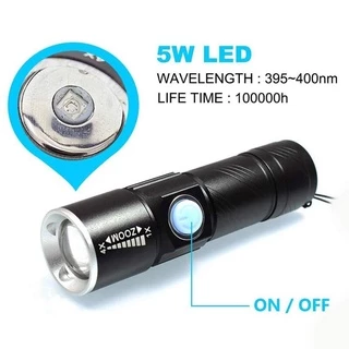 ไฟฉายแสงสีม่วง UV Flashlight Blacklight USB Rechargeable LED 395Nm