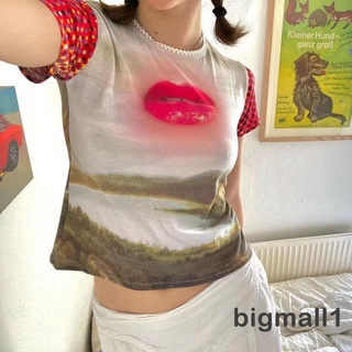 Bigmall- เสื้อยืดคอกลม แขนสั้น พิมพ์ลายริมฝีปาก ฉาก จุด ฤดูร้อน สําหรับผู้หญิง