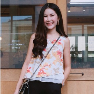 Ivory No.5 เสื้อแขนกุด แต่งชายระบายผ้าชีฟอง รุ่น Ruffle Top(orange)