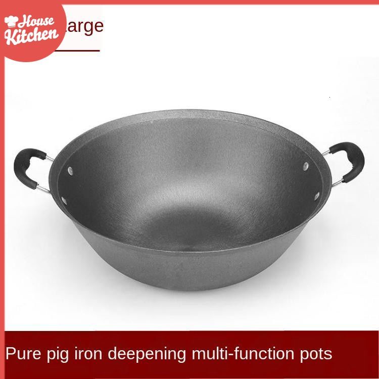 ข้อเสนอพิเศษ Wok 40cm Binaural Traditional Large Wok No Coating Cast Iron Pot Stewing Pot Thick Deepen Non-stick Pan Smo