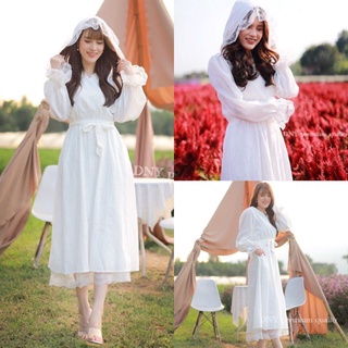 รับลมหนาว!!! L-2XL Maxi Dress เดรสขาวแขนยาวมีหมวก+สายผูกเอว งานป้าย DNY