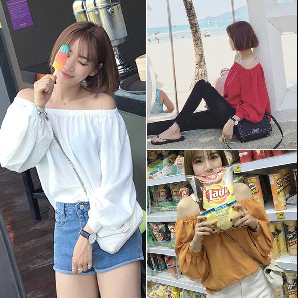 มาใหม่ 2019 !!! เสื้อแฟชั่น เปิดไหล่สม๊อค แขนยาว 8247