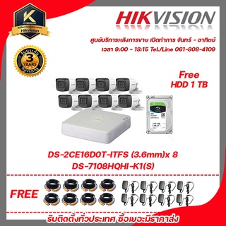 HIKVISION DS-2CE16D0T-ITFS LENS 3.6 MM 8 ตัว เครื่องบันทึกรองรับเสียง 8 ช่อง DS-7108HQHI-K1(S) 8 ตัว พร้อม Harddisk 1 TB