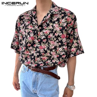 Incerun เสื้อเชิ้ตแขนสั้น พิมพ์ลายดอกไม้ ติดกระดุม สไตล์ฮาวาย ชายหาด สําหรับผู้ชาย