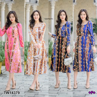 G14379 เดรสยาวคอเหลี่ยมแขนยาวลายกราฟฟิก