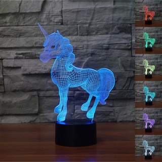 โคมไฟตั้งโต๊ะอะคริลิค LED รูปม้ายูนิคอร์น 3D ไล่โทนสี 7 สี สําหรับตกแต่งบ้าน