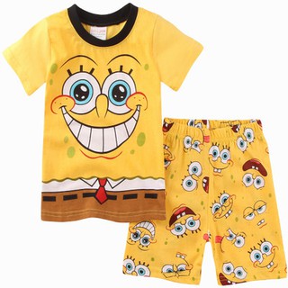 2Pcs Boys Girls ชุดนอน Sleepwear เสื้อยืดเด็ก + กางเกงขาสั้นชุดนอน Homewear SpongeBob