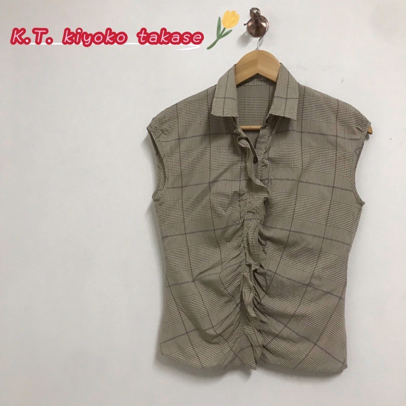 พร้อมส่ง เสื้อเชิ้ตเเขนกุดลายสก็อต brand K.T. kiyoko takase