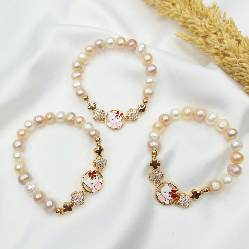 สร้อยข้อมือเด็กผู้หญิง | สร้อยข้อมือมุกเด็ก | สร้อยข้อมือ hello kitty มุกน้ําจืด