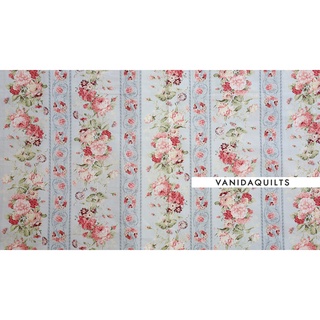 ผ้าคอตตอนอเมริกานำเข้า ขนาด 40 x110 cm ผ้าคอตตอนแท้ Cotton 100% ของQuilt Gate ลายดอกกุหลาบวินเทจพื้นฟ้า(Grace02)