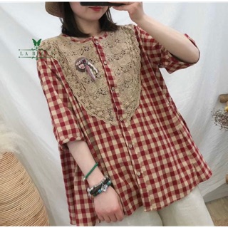 👚เสื้อเชิ้ต ผ้าฝ้ายแต่งลูกไม้ด้านหน้า  สวยมาก