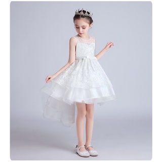 Gd3622- 203A พร้อมส่งจากไทย ชุดราตรีเด็กสีขาว ชุดออกงานเด็กหญิง ทรงหน้าสั้น-หลังยาวแบบเดรสหางปลา ลูกไม้ตกแต่งสวยหรู