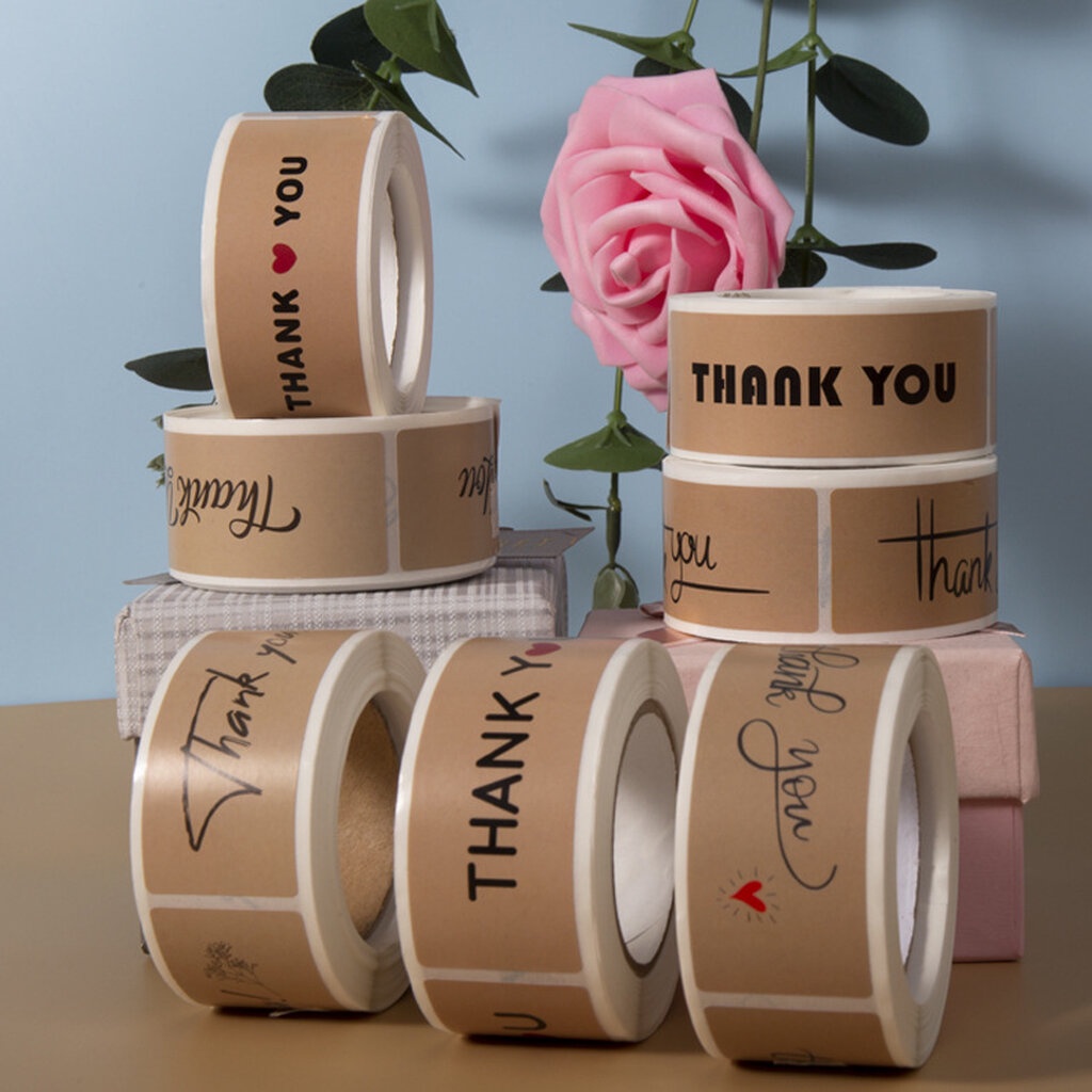 สติ๊กเกอร์ สติ๊กเกอร์ม้วนข้อความ ขอบคุณ ทรงสี่เหลี่ยมพื้นน้ำตาล Thank you