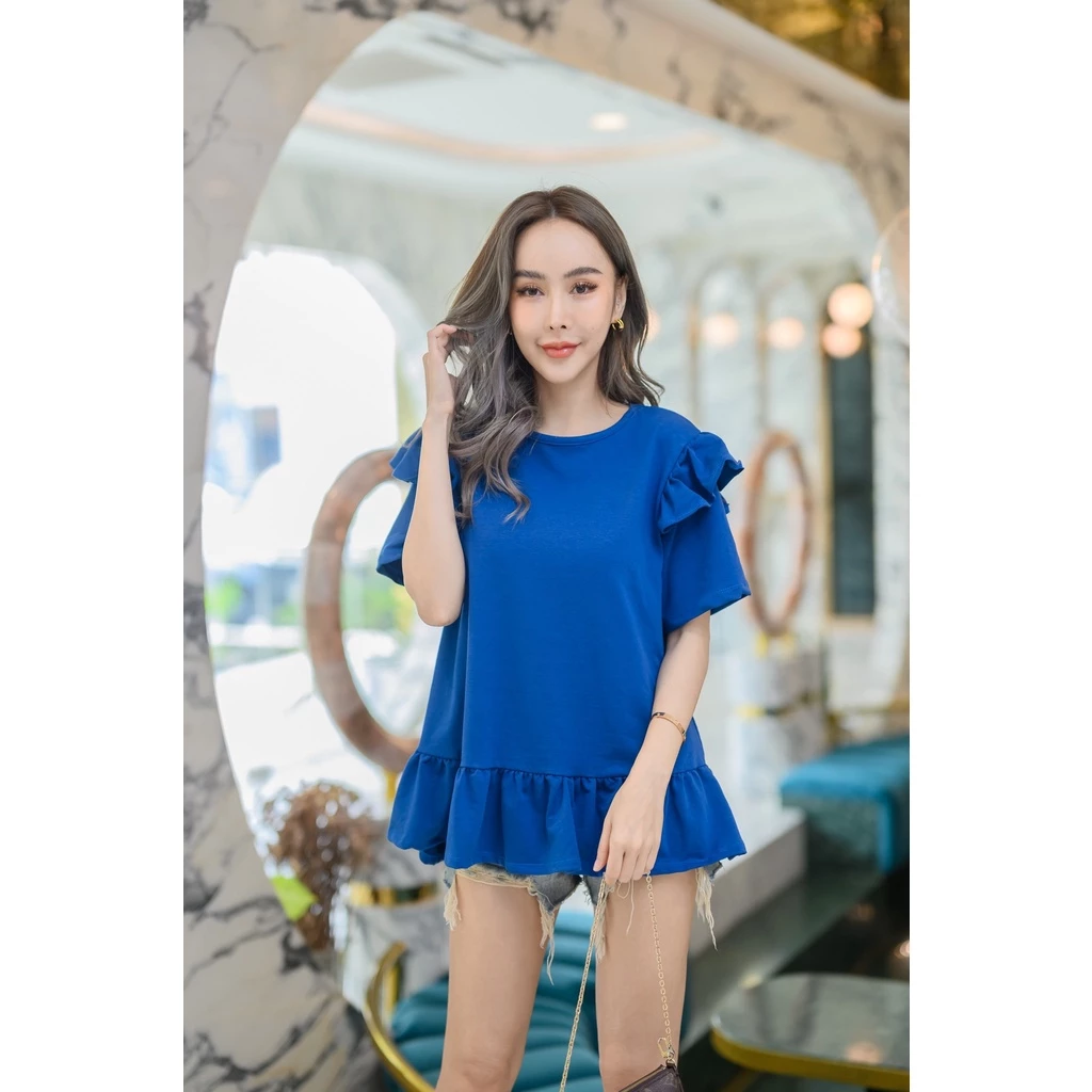 BB01 เสื้อยืดสาวอวบ เสื้อผ้าแฟชั่นผู้หญิง อกประมาณ 35-44 นิ้ว คอกลม แขนสั้น แต่งระบายไหล่ และชายเสื้อ เสื้อผ้าไซส์ใหญ่ thumbnail 5
