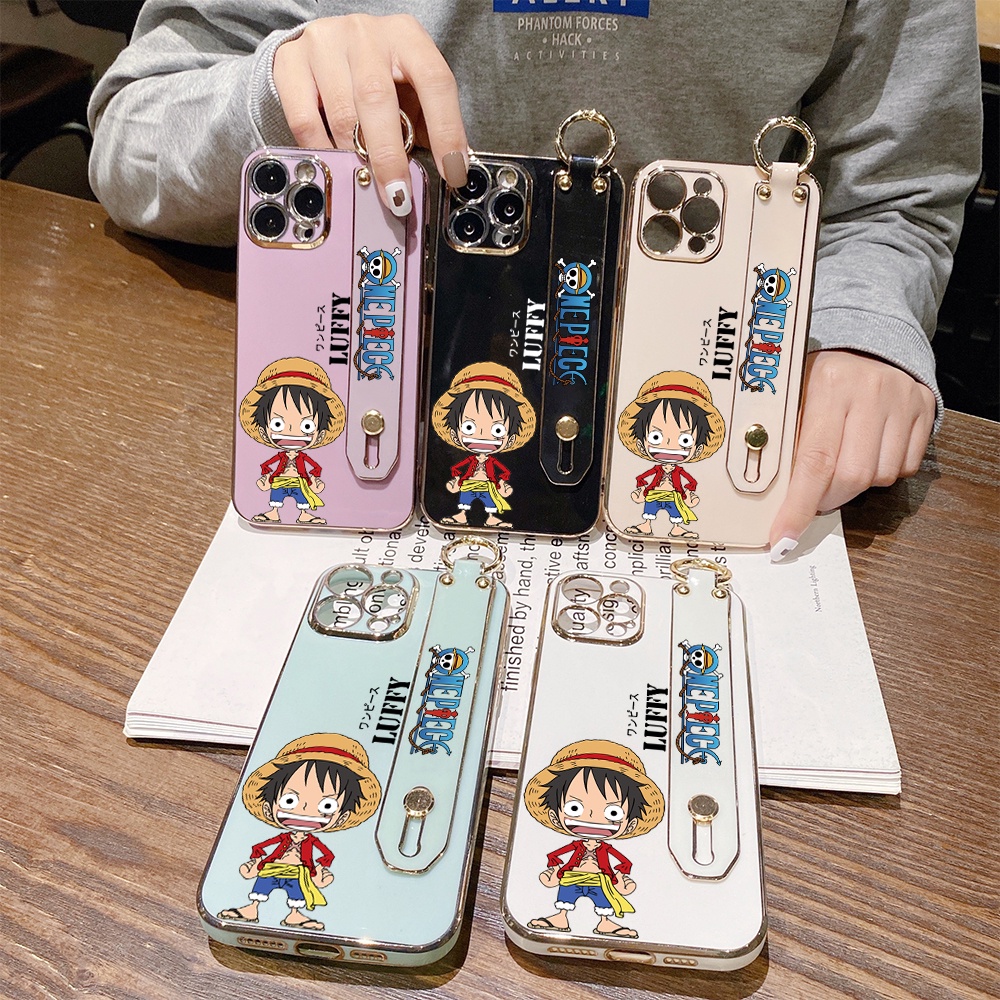 IPhone 13 12 Pro MAX Mini เคสไอโฟน สำหรับ Case Anime Hat Luffy เคส เคสโทรศัพท์ เคสมือถือ Wrist Strap Casing Full Cover Soft Electroplating TPU Cases #1