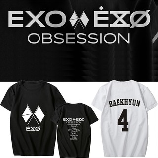 เสื้อยืดผ้าฝ้ายพิมพ์ลายแฟชั่น เสื้อยืด EXO Obsession #KPOP พิมพ์เสื้อยืดแขนสั้นสไตล์สตรีท