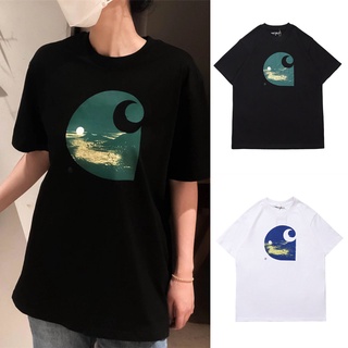 เสื้อยืดแขนสั้น พิมพ์ลายโลโก้ Carhartt Night Moon Tropical Island ทรงหลวม เข้ากับทุกการแต่งกาย สําหรับผู้ชาย และผู้หญิง